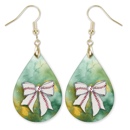 Baseball Earrings Green Gold Dangle Boho Coquette Bow