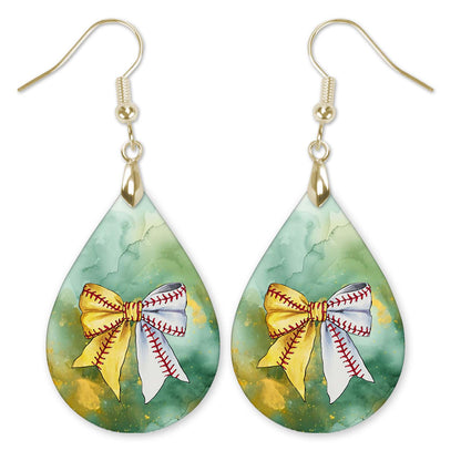 Softball Baseball Dangle Earrings Green Gold Boho Style