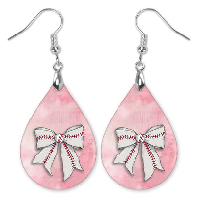 Baseball Earrings Pink Dangle Boho Coquette Bow Printed Wood