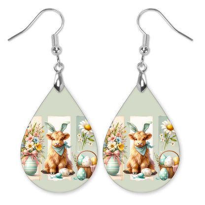 Easter Cow Teardrop Earrings – Cute Highland Calf Spring Jewelry Handmade
