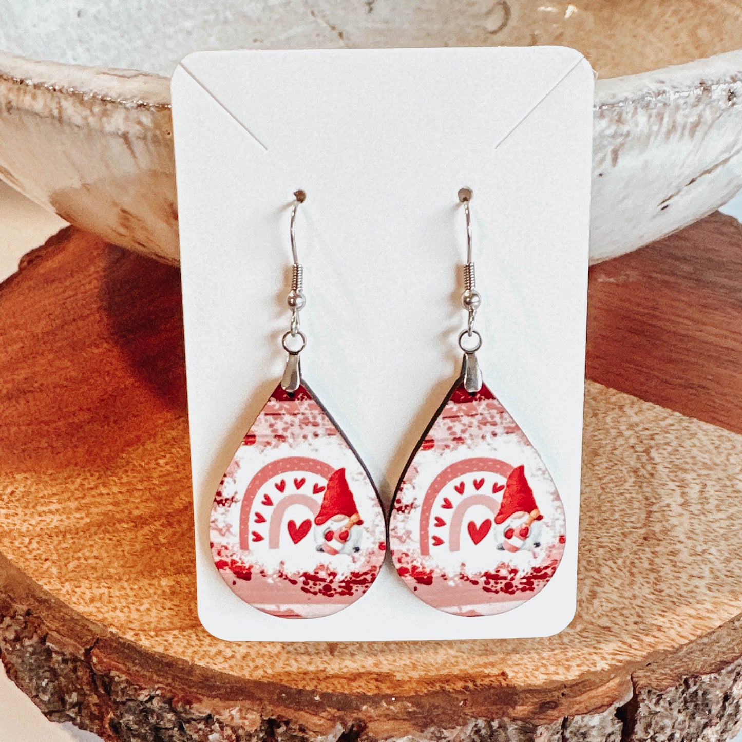 Valentine Gnome Teardrop Earrings – Pink Heart Rainbow Design