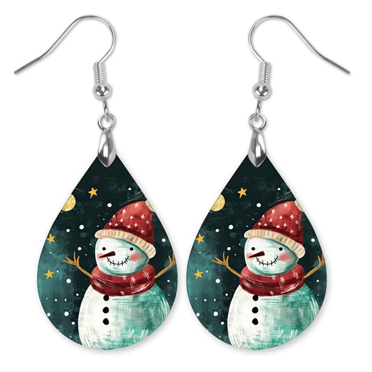 Snowman Santa Hat Christmas Teardrop Earrings - Festive Holiday Jewelry