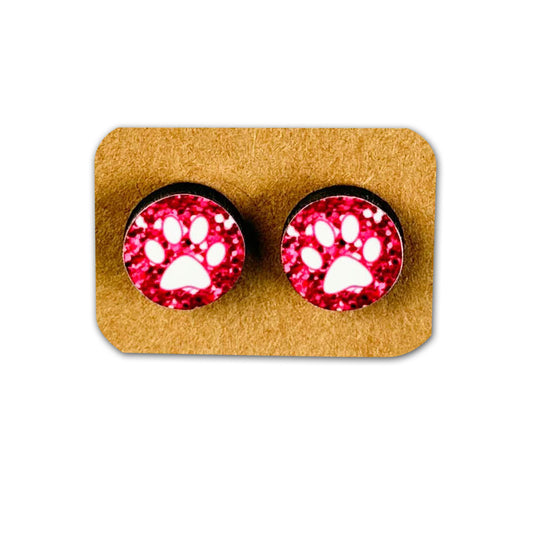 Dog Paw Red Glittered Round Stud Earrings