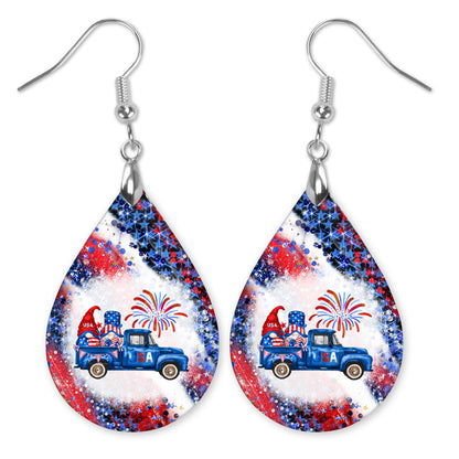 4th of July Gnome Pickup Truck Earrings - Festive Red, White and Blue Dangle Earrings