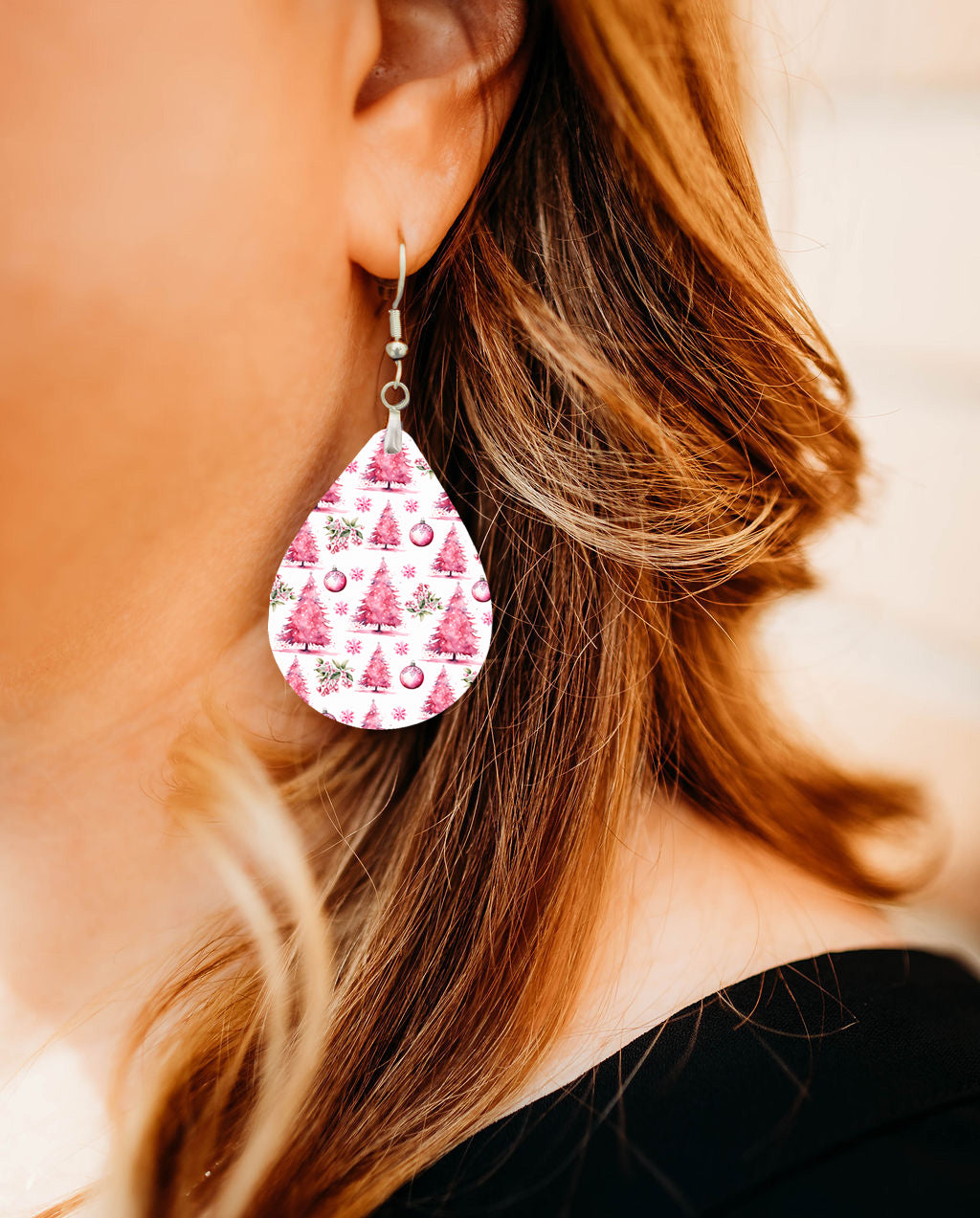 Pink Christmas Tree Earrings - Festive Holiday Jewelry