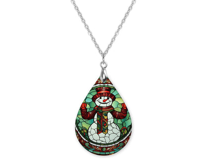 Snowman Stained Glass Christmas Teardrop Shape Necklace