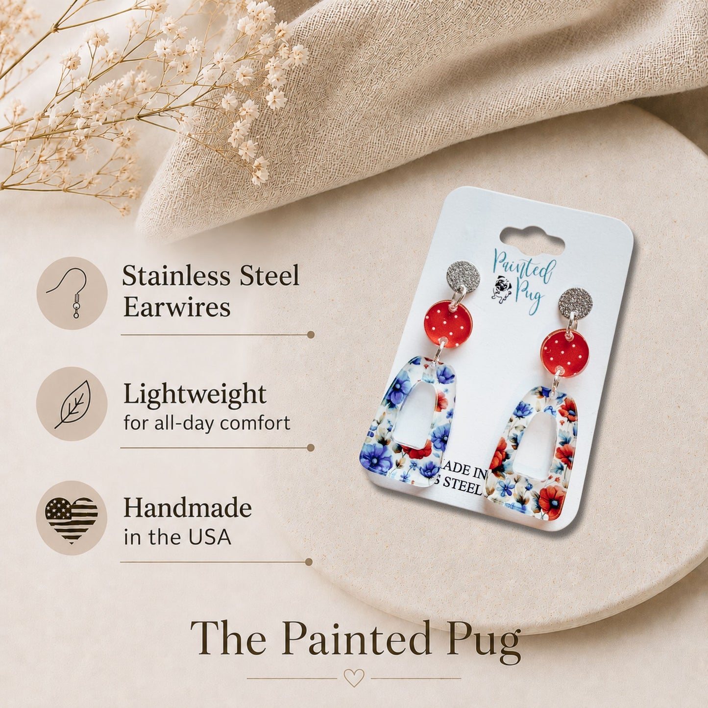 Red Blue Floral Dangle Earrings | 4th of July Acrylic