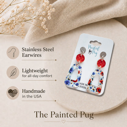 Red Blue Floral Dangle Earrings | 4th of July Acrylic