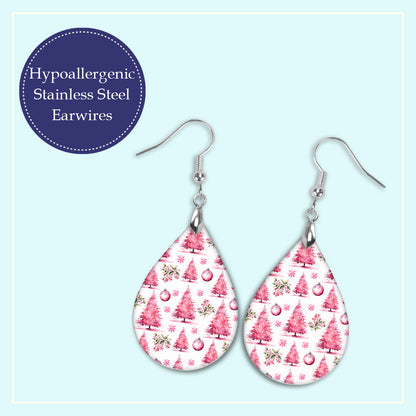 Pink Christmas Tree Earrings - Festive Holiday Jewelry