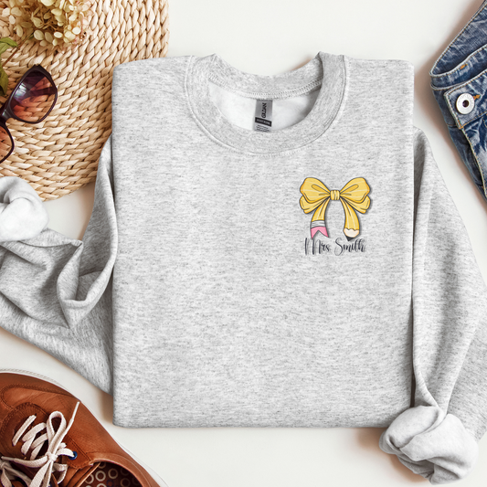 Personalized Teacher Sweatshirt with Bow & Pencil Design