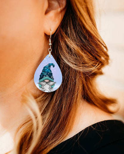 Blue Winter Gnome Teardrop Earrings – Snowflake Holiday Jewelry