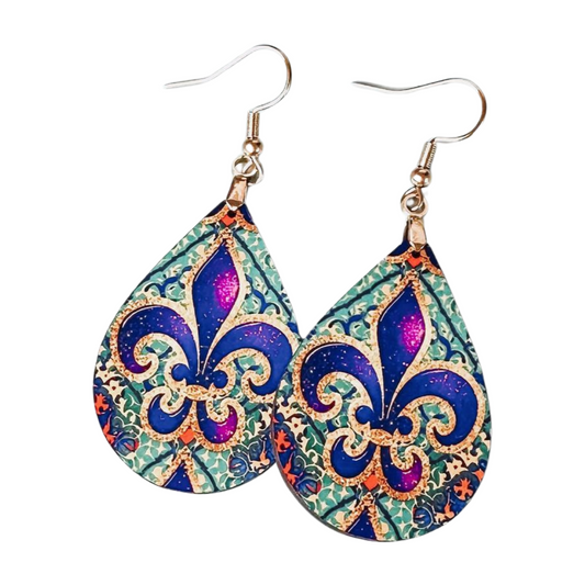 Fleur De Lis Teardrop Earrings – Purple Green Mardi Gras Dangle Earrings