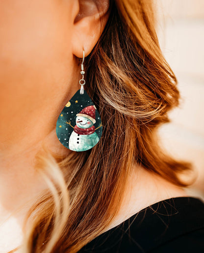 Snowman Santa Hat Christmas Teardrop Earrings - Festive Holiday Jewelry
