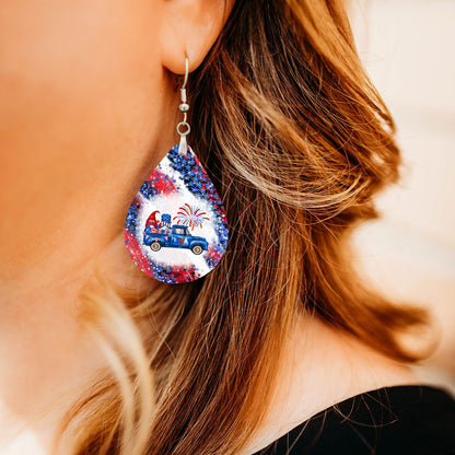 4th of July Gnome Pickup Truck Earrings - Festive Red, White and Blue Dangle Earrings