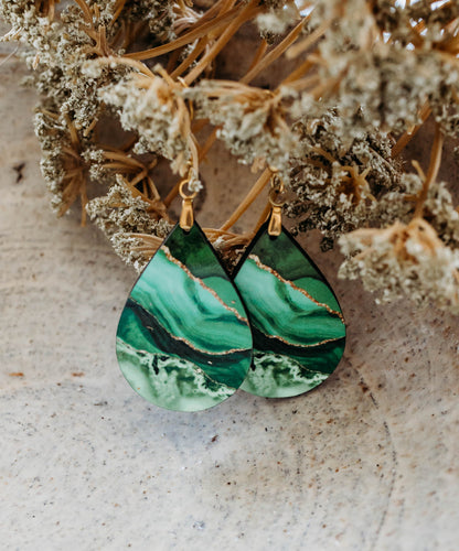 Green & Gold Teardrop Earrings – Handmade Agate-Style Jewelry in Two Sizes