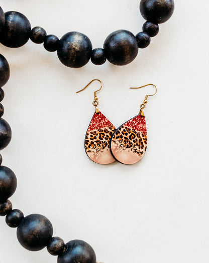 Red Gold Leopard Teardrop Earrings – Handmade Statement Earrings in Two Sizes
