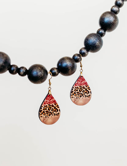 Red Gold Leopard Teardrop Earrings – Handmade Statement Earrings in Two Sizes