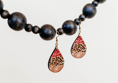 Red Gold Leopard Teardrop Earrings – Handmade Statement Earrings in Two Sizes