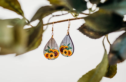 Sunflower Barn Wood Earrings Teardrop Dangle Earrings