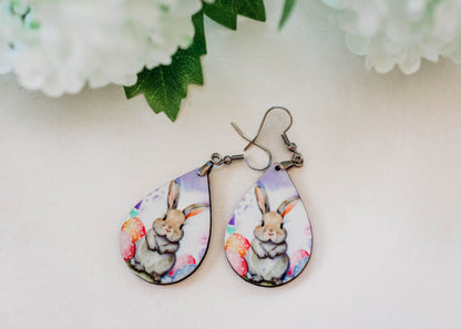 Easter Bunny Teardrop Earrings – Printed Wood Dangles in Two Sizes