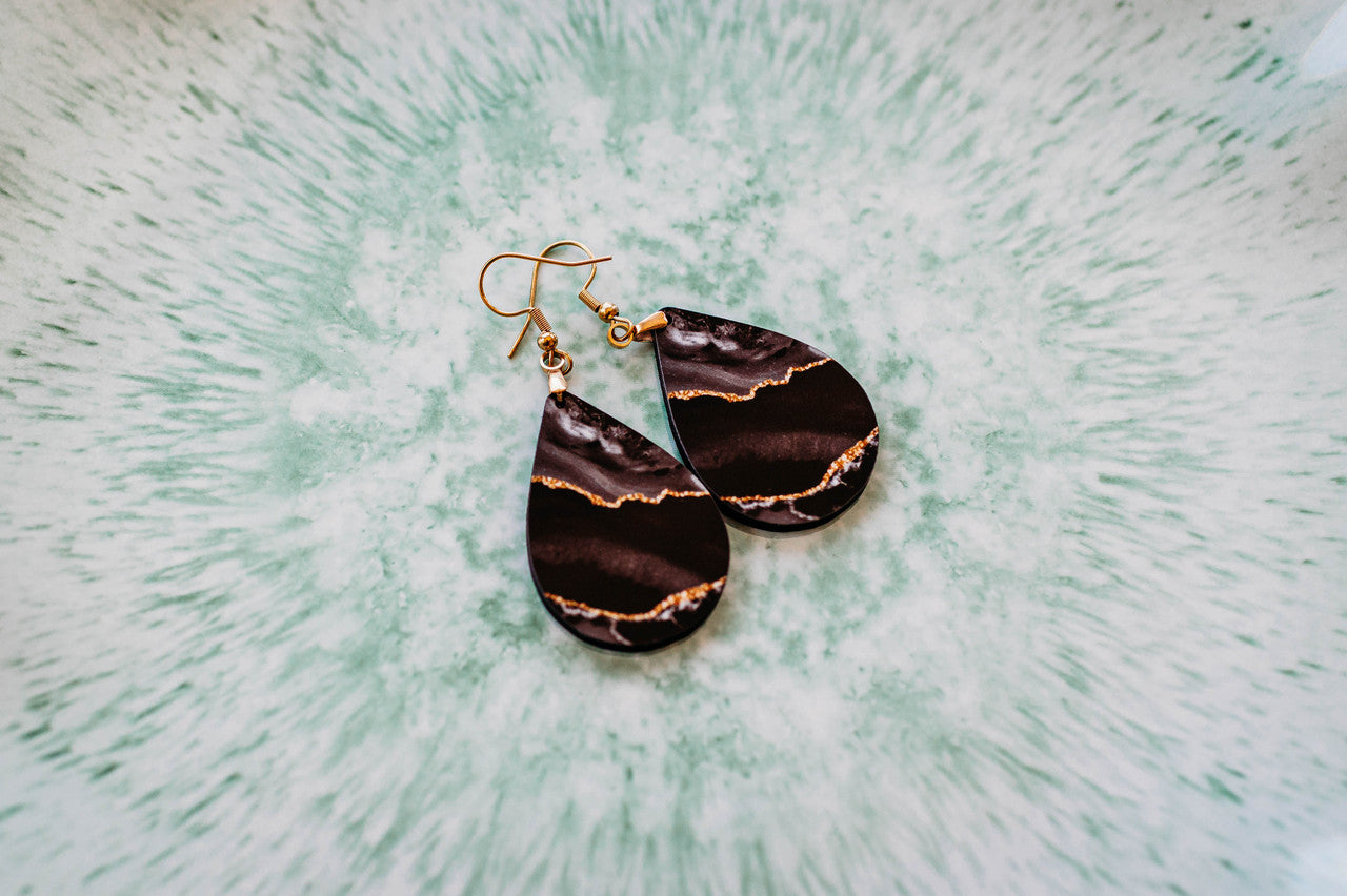 Black & Gold Teardrop Earrings – Handmade Lightweight Statement Jewelry