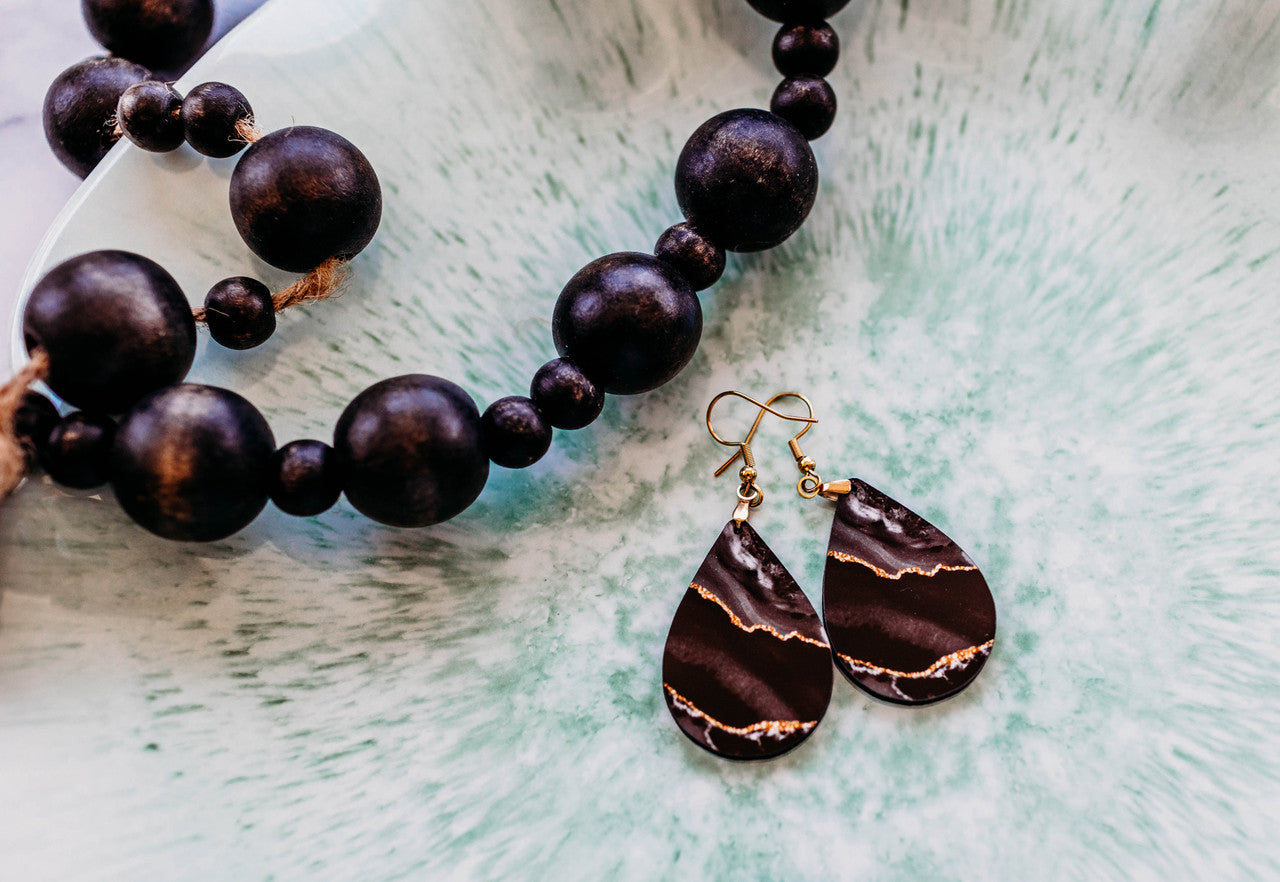 Black & Gold Teardrop Earrings – Handmade Lightweight Statement Jewelry