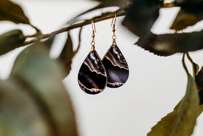 Black & Gold Teardrop Earrings – Handmade Lightweight Statement Jewelry