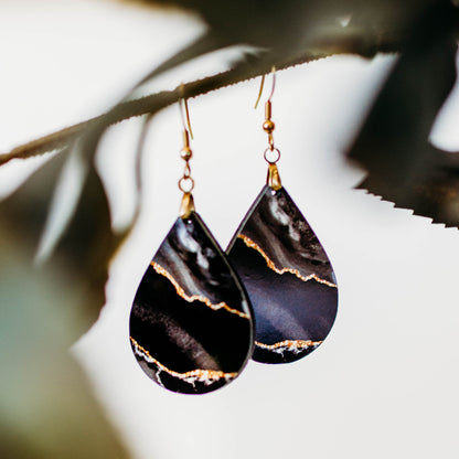 Black & Gold Teardrop Earrings – Handmade Lightweight Statement Jewelry