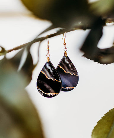 Black & Gold Teardrop Earrings – Handmade Lightweight Statement Jewelry