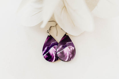 Purple & Silver Teardrop Earrings – Handmade Marbled Statement Earrings