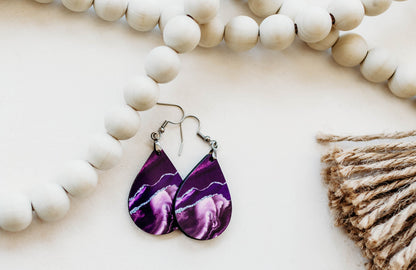 Purple & Silver Teardrop Earrings – Handmade Marbled Statement Earrings