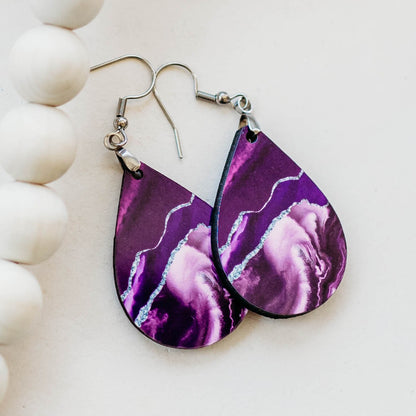 Purple & Silver Teardrop Earrings – Handmade Marbled Statement Earrings