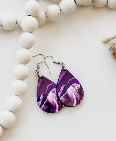 Purple & Silver Teardrop Earrings – Handmade Marbled Statement Earrings