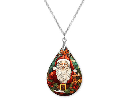Santa Claus Stained Glass Christmas Teardrop Shape Necklace