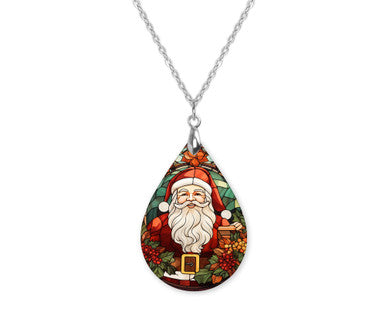 Santa Claus Stained Glass Christmas Teardrop Shape Necklace