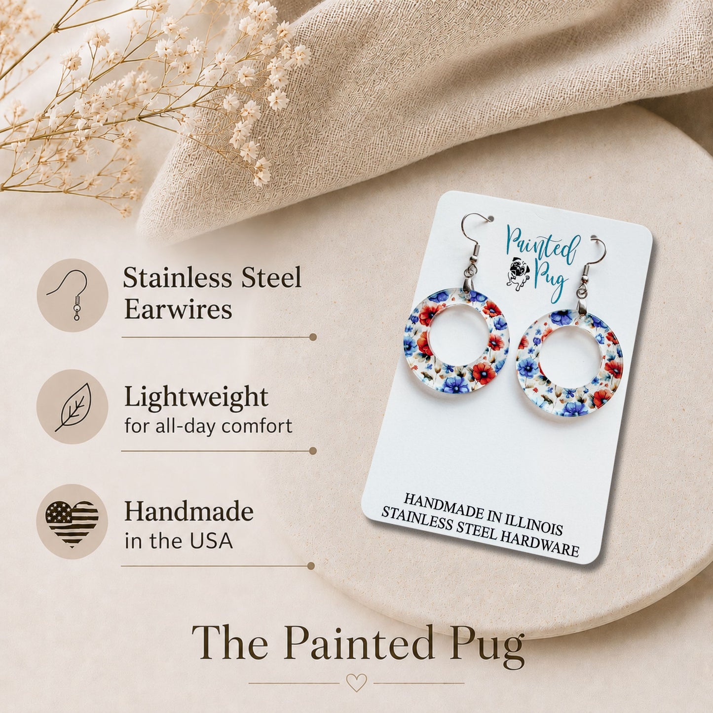 Flower Dangle Hoop Earrings | Red Blue Floral Acrylic