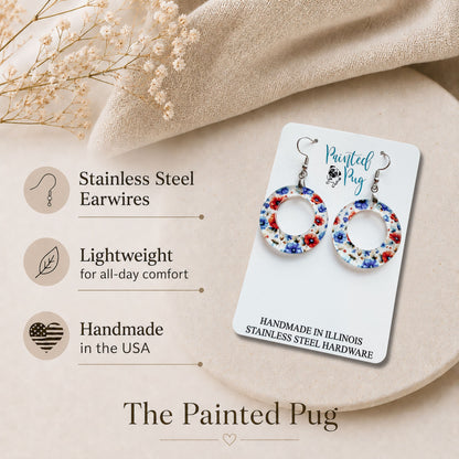 Flower Dangle Hoop Earrings | Red Blue Floral Acrylic