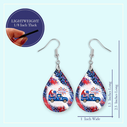 4th of July Gnome Pickup Truck Earrings - Festive Red, White and Blue Dangle Earrings