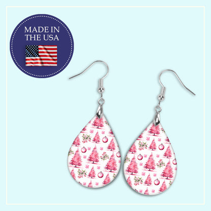 Pink Christmas Tree Earrings - Festive Holiday Jewelry