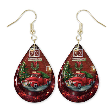 Red Pickup Truck Christmas Teardrop Dangle Earrings
