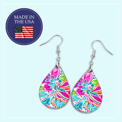 Pink Paisley Teardrop Earrings – Colorful Floral Boho Dangle Earrings