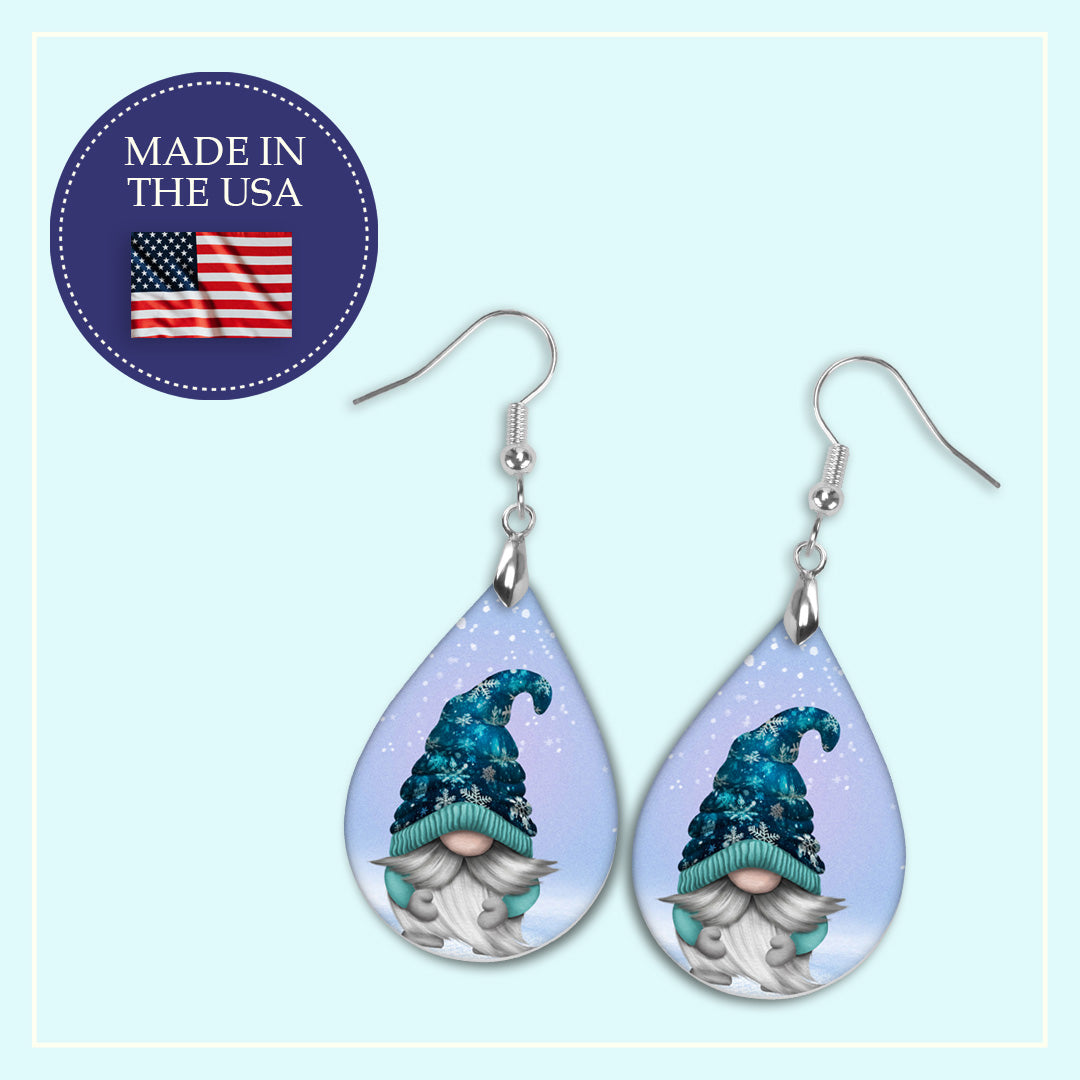 Blue Winter Gnome Teardrop Earrings – Snowflake Holiday Jewelry
