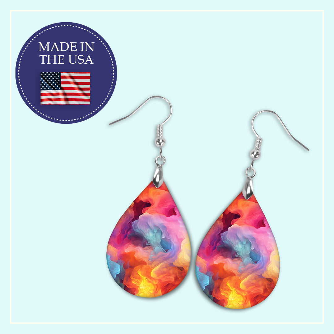 Pink Smoke Teardrop Earrings – Colorful Abstract Swirl Dangle Earrings