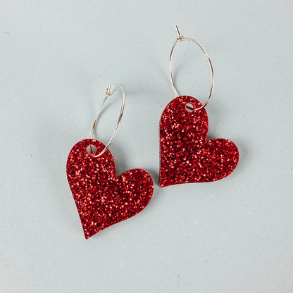 Heart Earrings – Red Glitter Acrylic Hoop Dangles