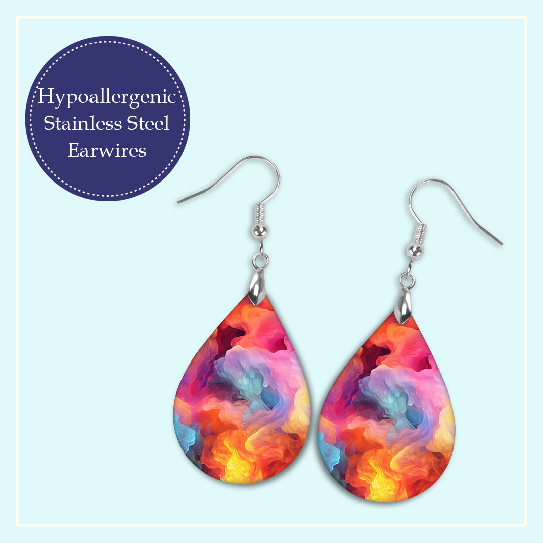 Pink Smoke Teardrop Earrings – Colorful Abstract Swirl Dangle Earrings