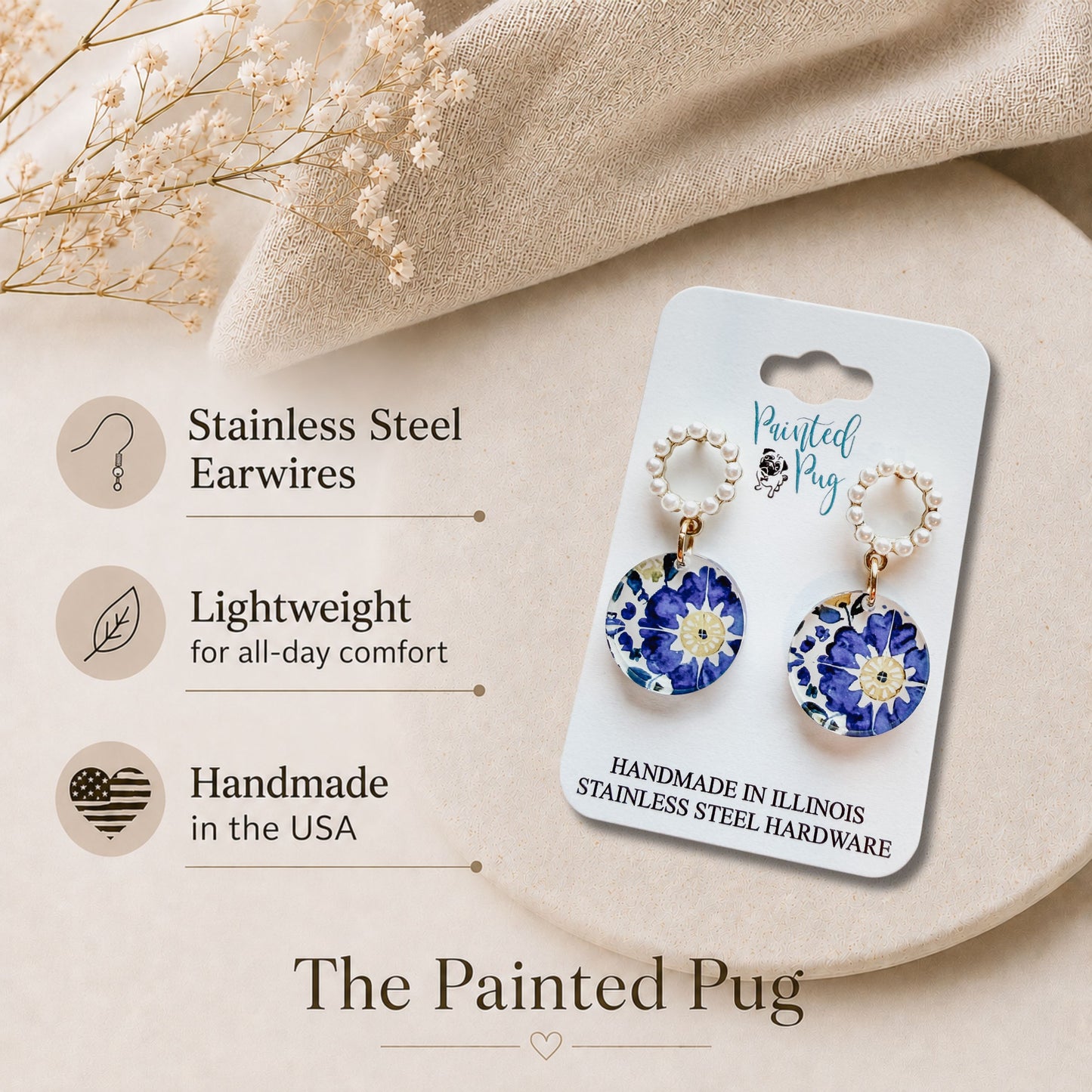 Blue Floral Tile Pearl Hoop Dangle Earrings