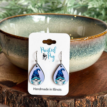 Blue Winter Gnome Teardrop Earrings – Snowflake Holiday Jewelry