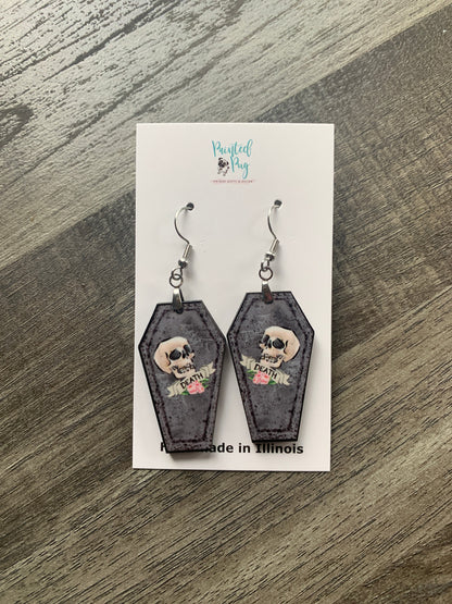 Coffin Casket Halloween Hardboard Dangle Drop Earrings