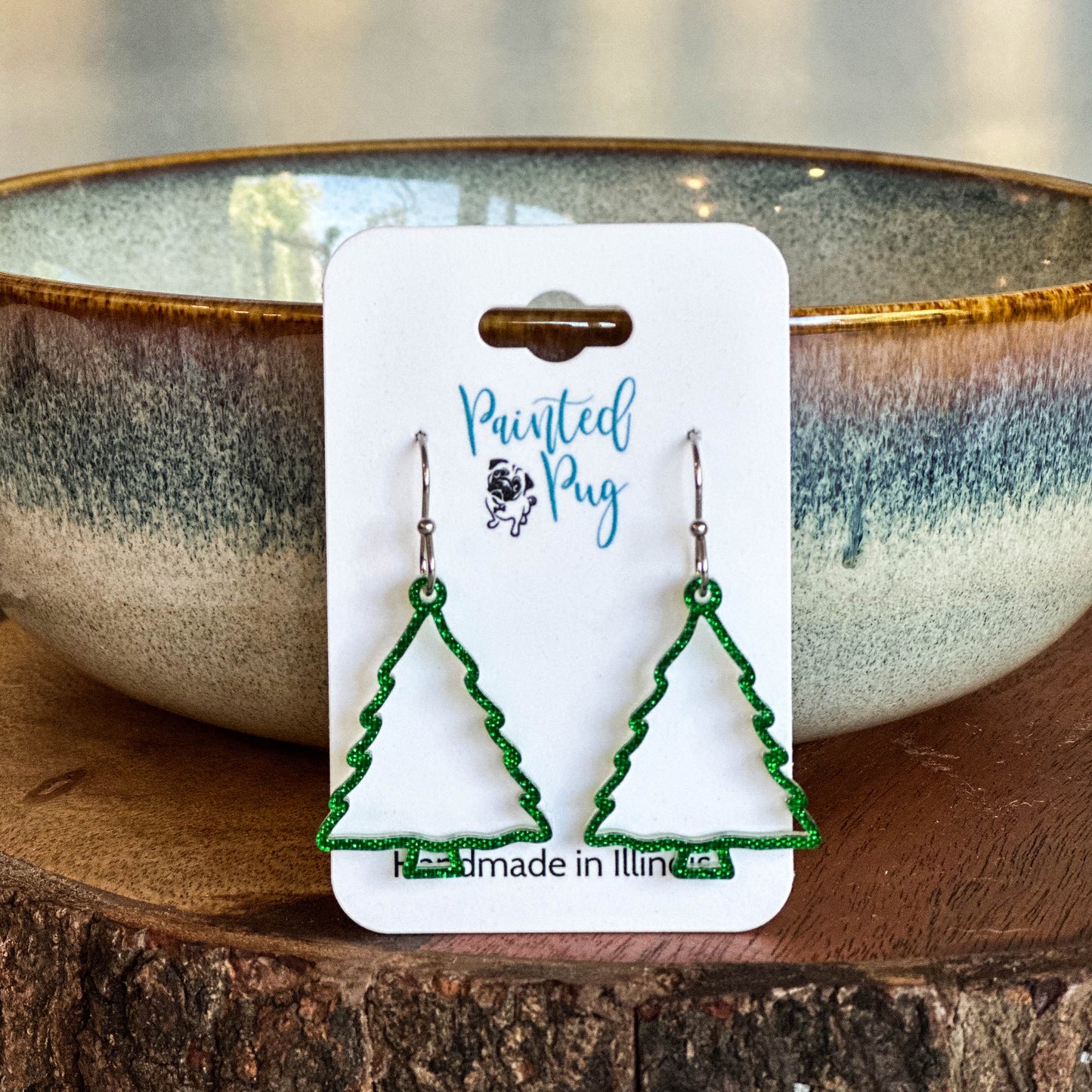 Green Christmas Tree Earrings – Glitter Acrylic Design