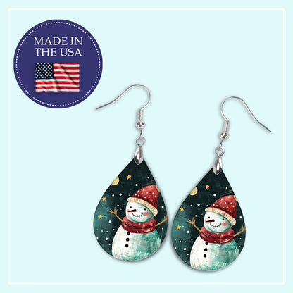 Snowman Santa Hat Christmas Teardrop Earrings - Festive Holiday Jewelry